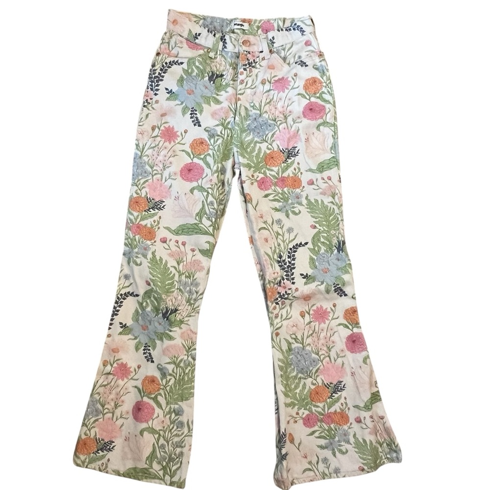 Free People x Wrangler Wanderer High Rise Flare Floral Jeans White 31x30
